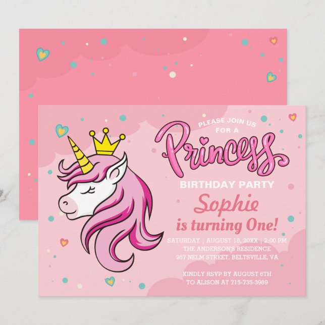 Convite de Aniversário da Princesa Unicórnio (Frente/Verso)