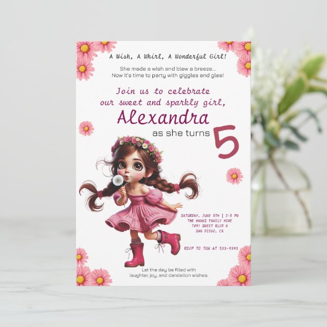 Convite de aniversário da Quirky dandelion (Em pé/Frente)