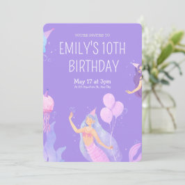 Convite de Aniversário da Sereia Minimalista Roxo