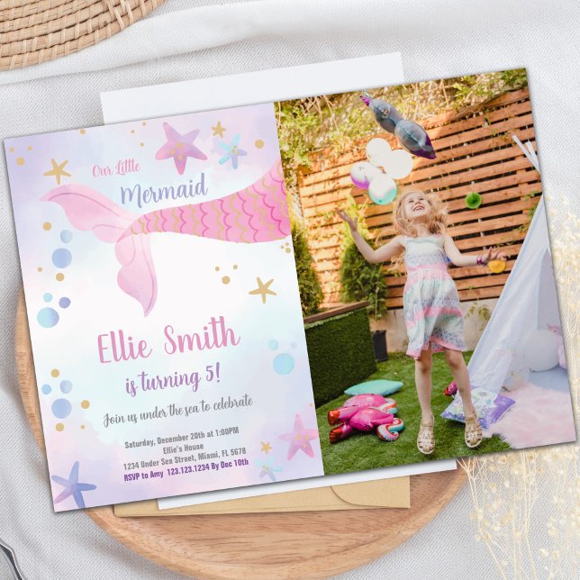 Convite de Aniversário da Sereia Rosa com Foto (Pink Mermaid Tail Birthday Invitations with photo)