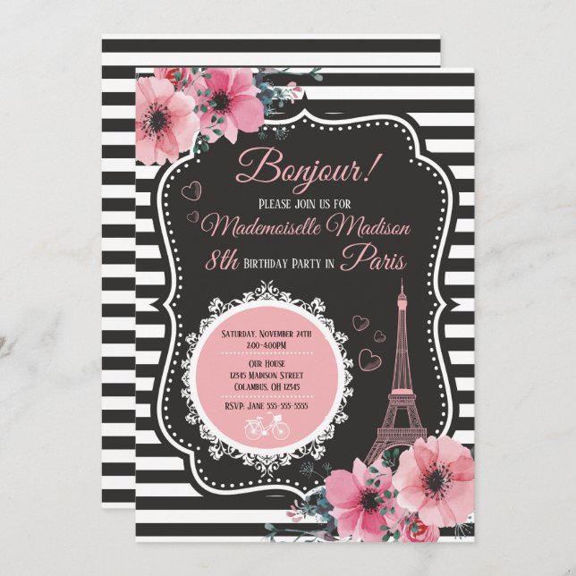 Convite de aniversário da torre Eiffel de Paris (Frente/Verso)