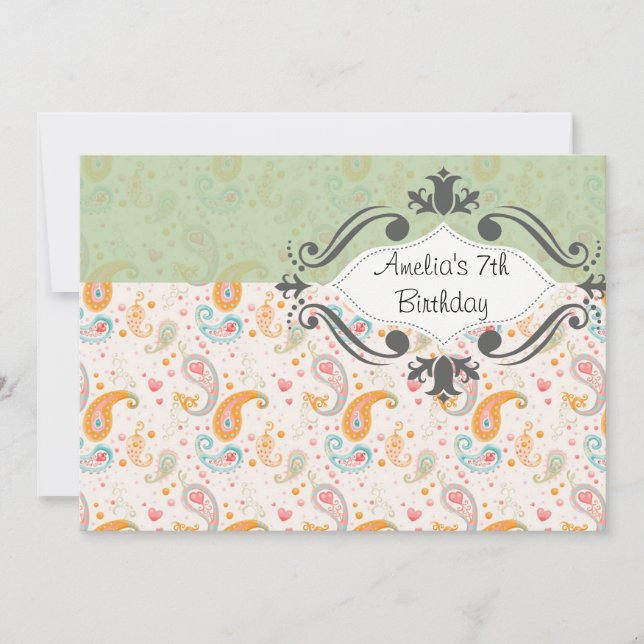 Convite de Aniversário da Vintage Mint Paisley (Frente)