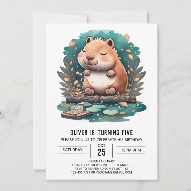 Convite de Aniversário da Watercolor Capybara Birt (Frente)