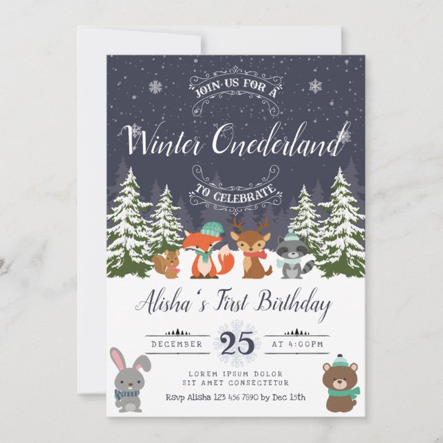 Convite de Aniversário da Woodland de inverno (Frente)