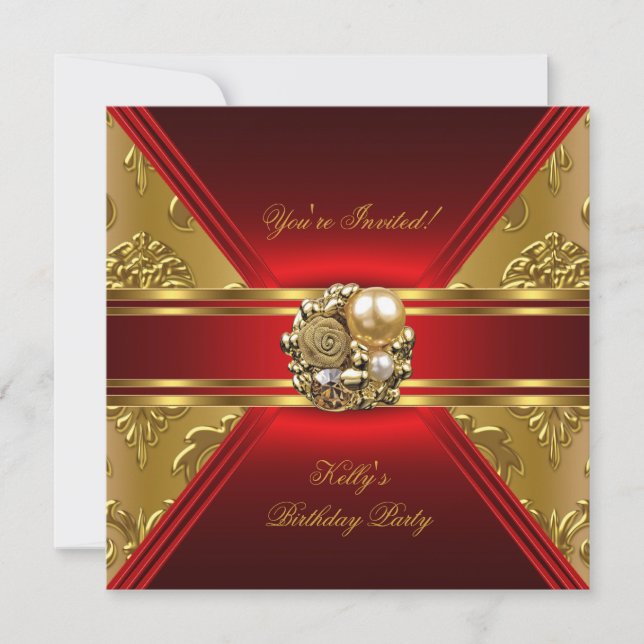 Convite de Aniversário Damasco Vermelho Dourado (Frente)