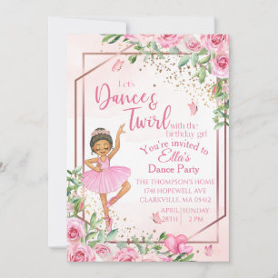 Convite de aniversário dança de balé rosa aquarela