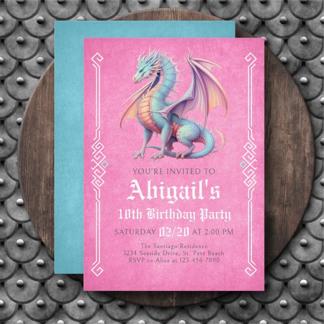 Convite de Aniversário das Meninas Rosa Água Dragã (Criador carregado)