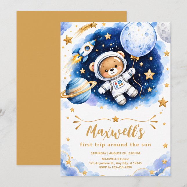 Convite de Aniversário de 1º Ano Astronauta Espaço (Frente/Verso)