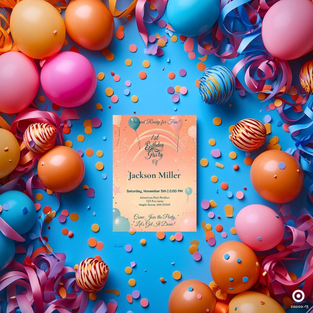 Convite de Aniversário de 1º Ano com Balão em Aqua (Criador carregado)