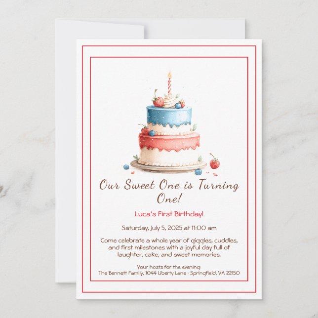 Convite de Aniversário de 1º Ano com Bolo e Vela e (Frente)