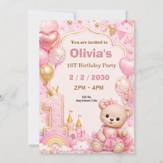 Convite de Aniversário de 1º Ano Fofa Rosa