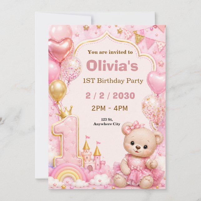 Convite de Aniversário de 1º Ano Fofa Rosa (Frente)