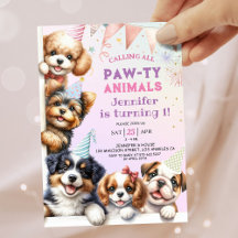Convite de Aniversário de 1º Ano Girls Puppy Lets 