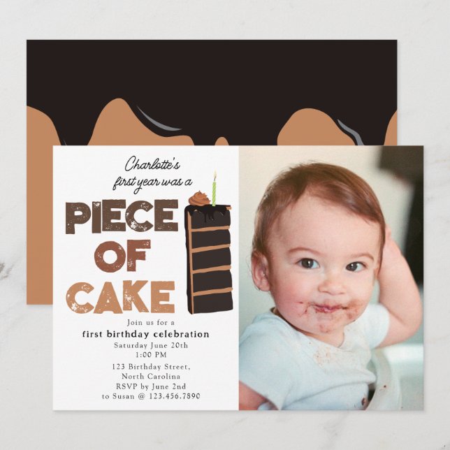 Convite de Aniversário de 1º Bolo de Chocolate Fot (Frente/Verso)
