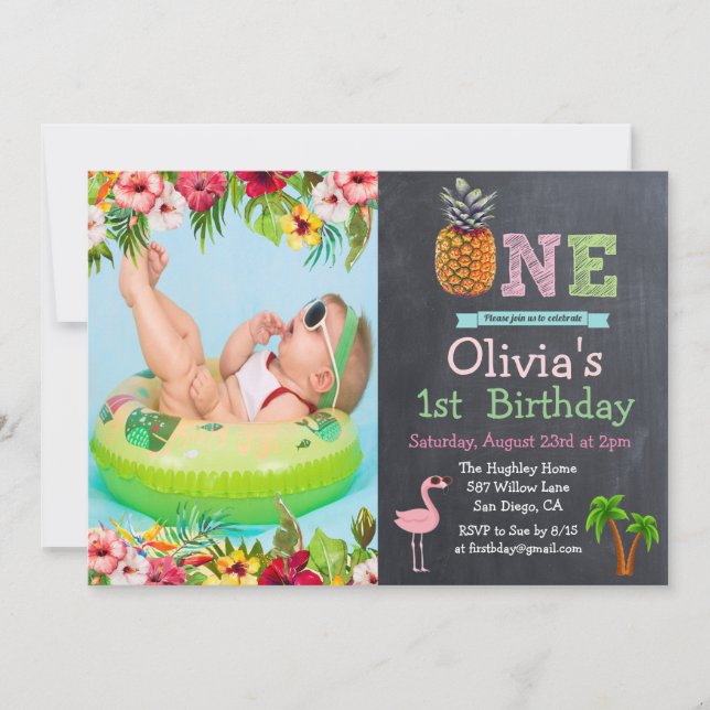 Convite de Aniversário de 1º Primeiro Ano Aloha Lu (Frente)