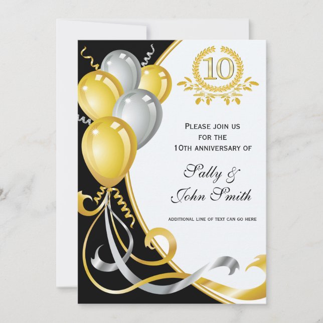 Convite de Aniversário de 10º Aniversário Ouro e P (Frente)