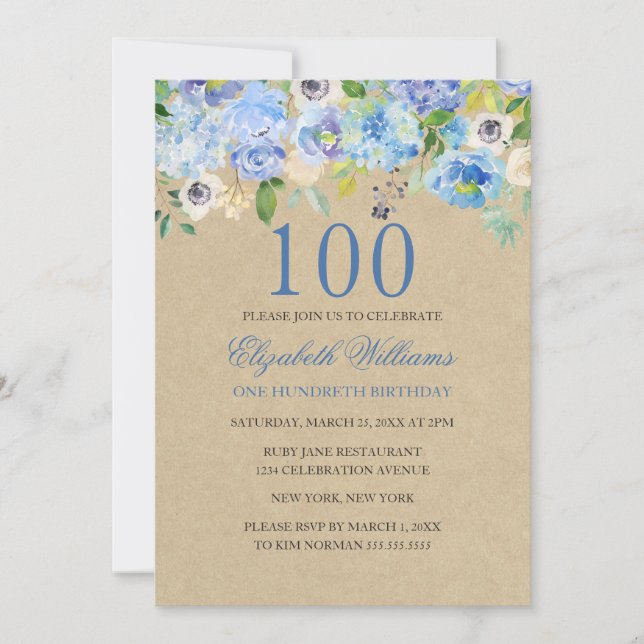 Convite de Aniversário de 100 anos Blue Floral Wat (Frente)