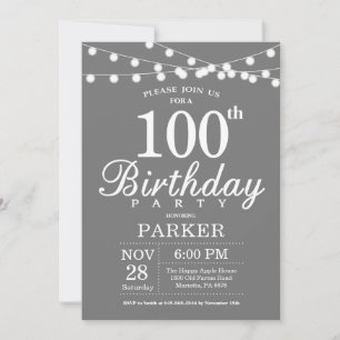 Convite de Aniversário de 100 anos Cinza e Branco