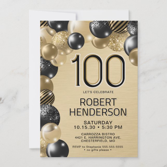 Convite de Aniversário de 100 anos com Balões Dour (Frente)