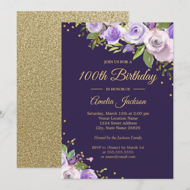 Convite de Aniversário de 100 anos com Brilho Dour (Frente/Verso)