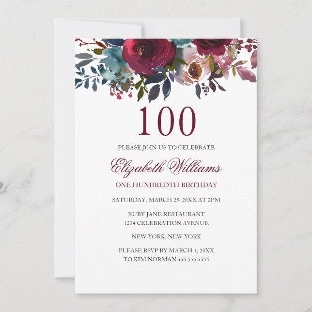 Convite de Aniversário de 100 anos com Floral Wate (Frente)