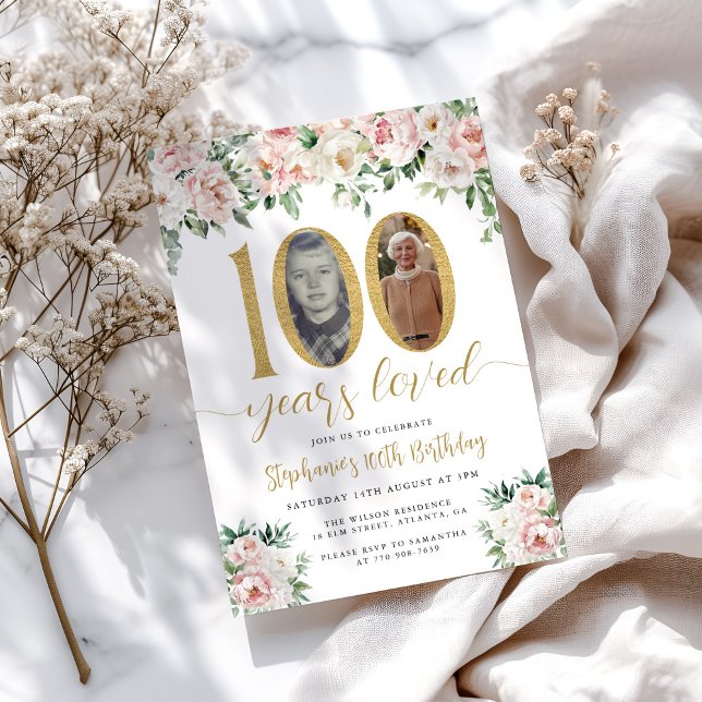 Convite de Aniversário de 100 anos com Foto Floral (Criador carregado)