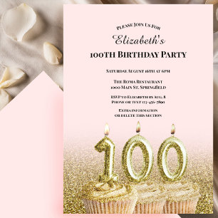 Convite de Aniversário de 100 anos Cor-de-Rosa e D