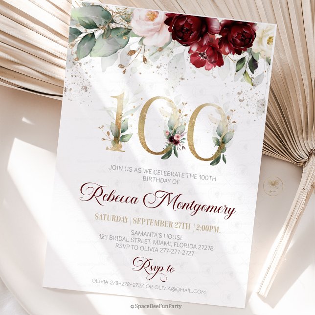 convite de aniversário de 100 anos Elegante Marco (100th birthday invitation, editable sage green invitation, elegant floral design, eighty year old br)