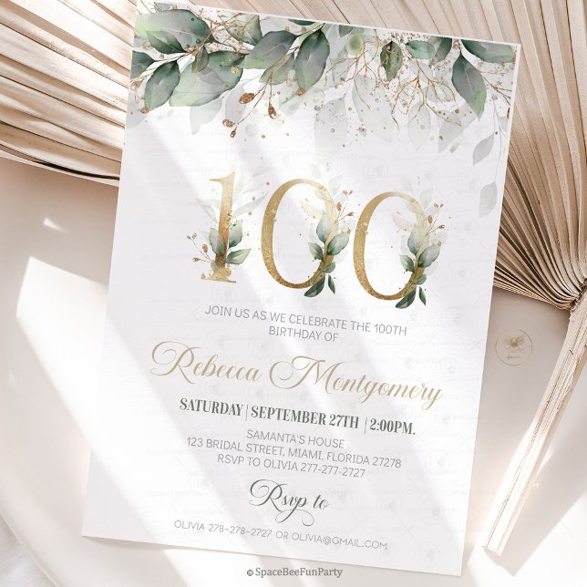 convite de aniversário de 100 anos Elegante Marco (100th birthday invitation, editable sage green invitation, elegant floral design, eighty year old br)