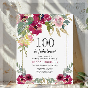 Convite de Aniversário de 100 anos Floral Rosa Bor