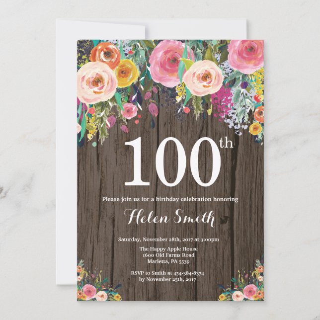 Convite de Aniversário de 100 anos Floral Rústico (Frente)