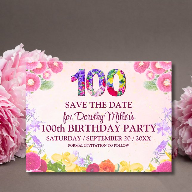 Convite de Aniversário de 100 anos Floral Save The (Criador carregado)