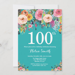 Convite de Aniversário de 100 anos Floral Turquesa