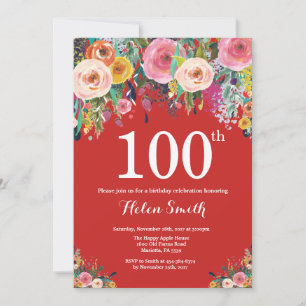 Convite de Aniversário de 100 anos Floral Vermelho