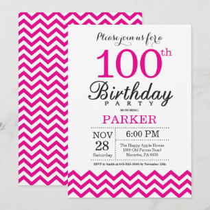 Convite de Aniversário de 100 anos Hot Pink Chevro