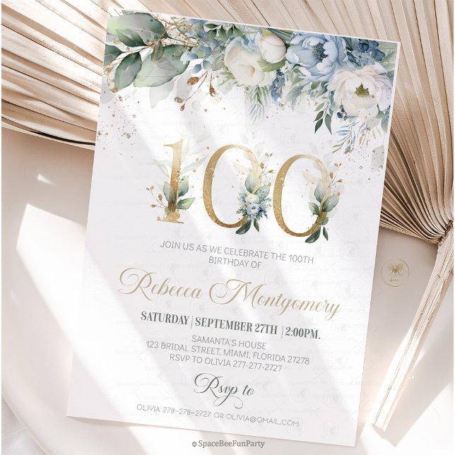 Convite de aniversário de 100 anos marco elegante (100th birthday invitation, editable sage green invitation, elegant floral design, eighty year old br)
