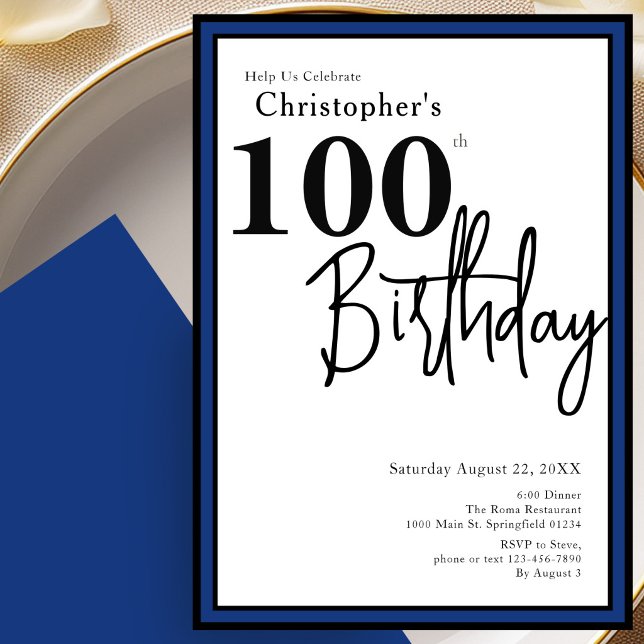 Convite de Aniversário de 100 anos Moderno Azul El (Criador carregado)