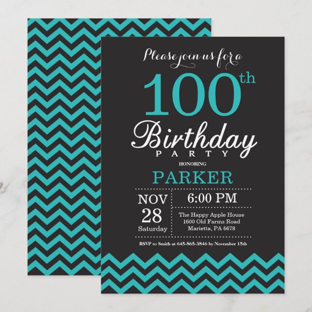 Convite de Aniversário de 100 anos Preto e Azul Tu (Frente/Verso)