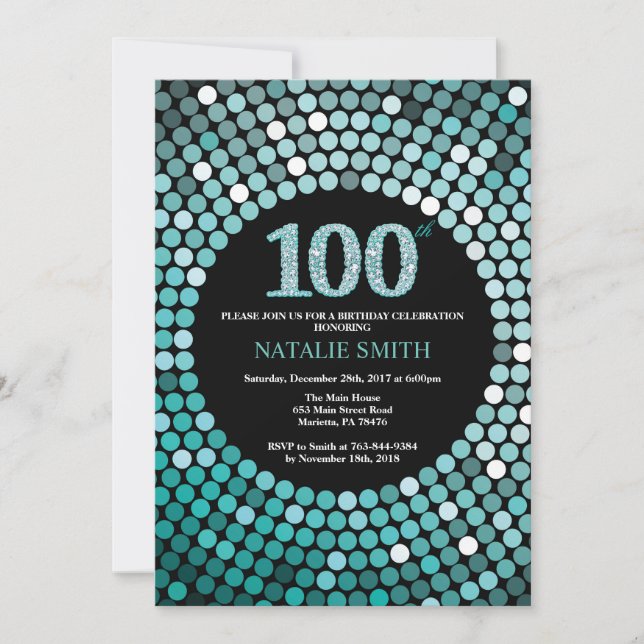 Convite de Aniversário de 100 anos Preto e Brilho  (Frente)