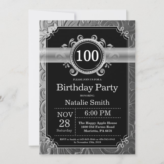 Convite de Aniversário de 100 anos Preto e Brilho  (Frente)
