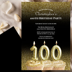 Convite de Aniversário de 100 anos Preto e Dourado