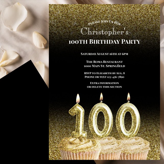 Convite de Aniversário de 100 anos Preto e Dourado (Criador carregado)