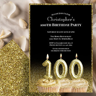 Convite de Aniversário de 100 anos Preto e Dourado