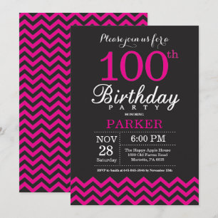 Convite de Aniversário de 100 anos Preto e Rosa Ch