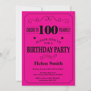 Convite de Aniversário de 100 anos Preto e Rosa Qu