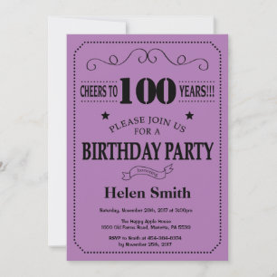 Convite de Aniversário de 100 anos Preto e Roxo