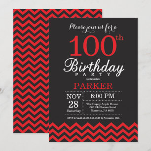 Convite de Aniversário de 100 anos Preto e Vermelh