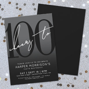 Convite de Aniversário de 100 Anos Preto Moderno