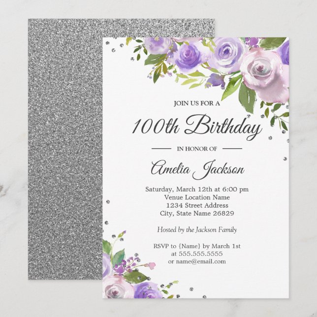 Convite de Aniversário de 100 anos Purple Silver S (Frente/Verso)