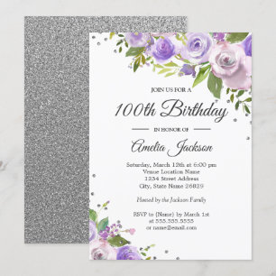 Convite de Aniversário de 100 anos Purple Silver S